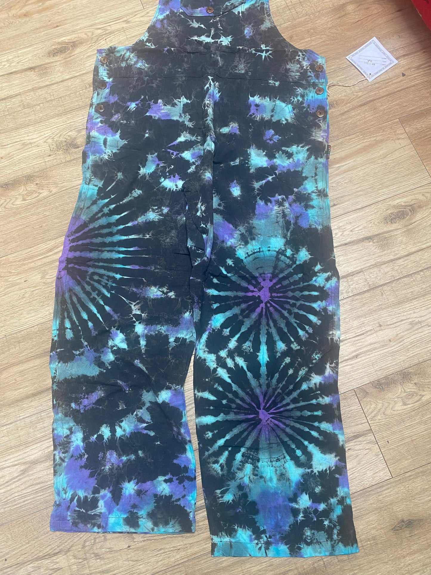 Black Cotton Dungarees - Turquoise Tie Dye