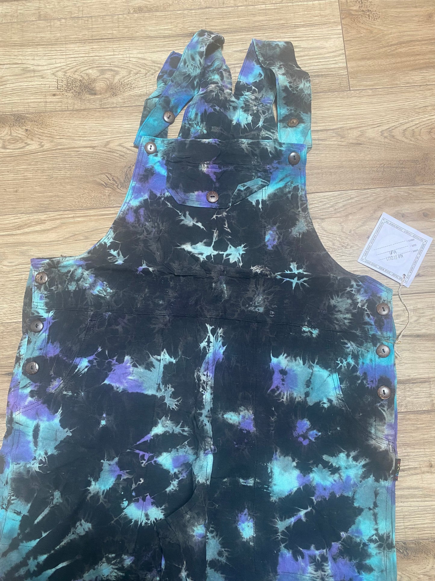 Black Cotton Dungarees -  Turquoise Tie Dye