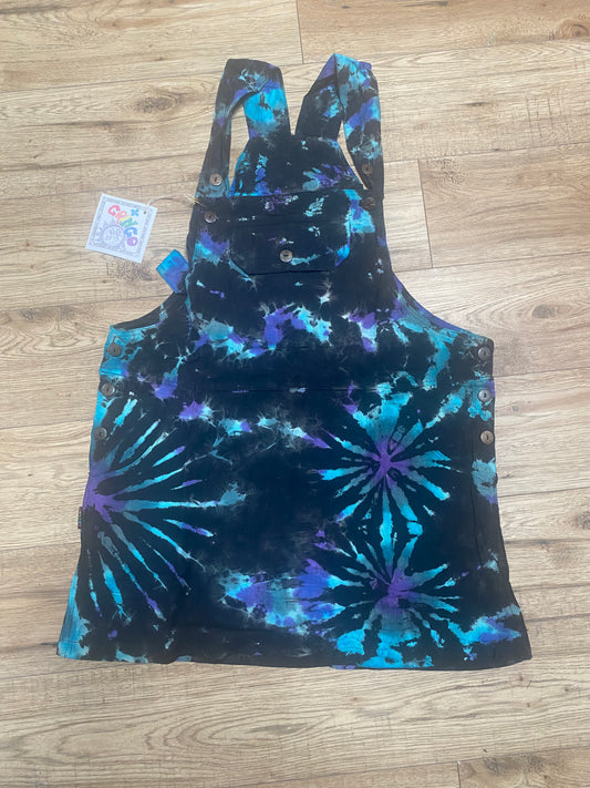 Black Cotton Dungaree Dress -  Turquoise Tie Dye